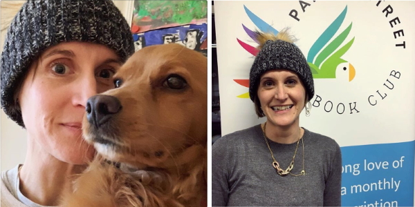 Two images of Sarah wearing a beanie for Beanstalk