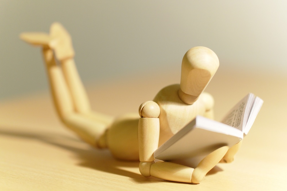 Wooden model reading a book